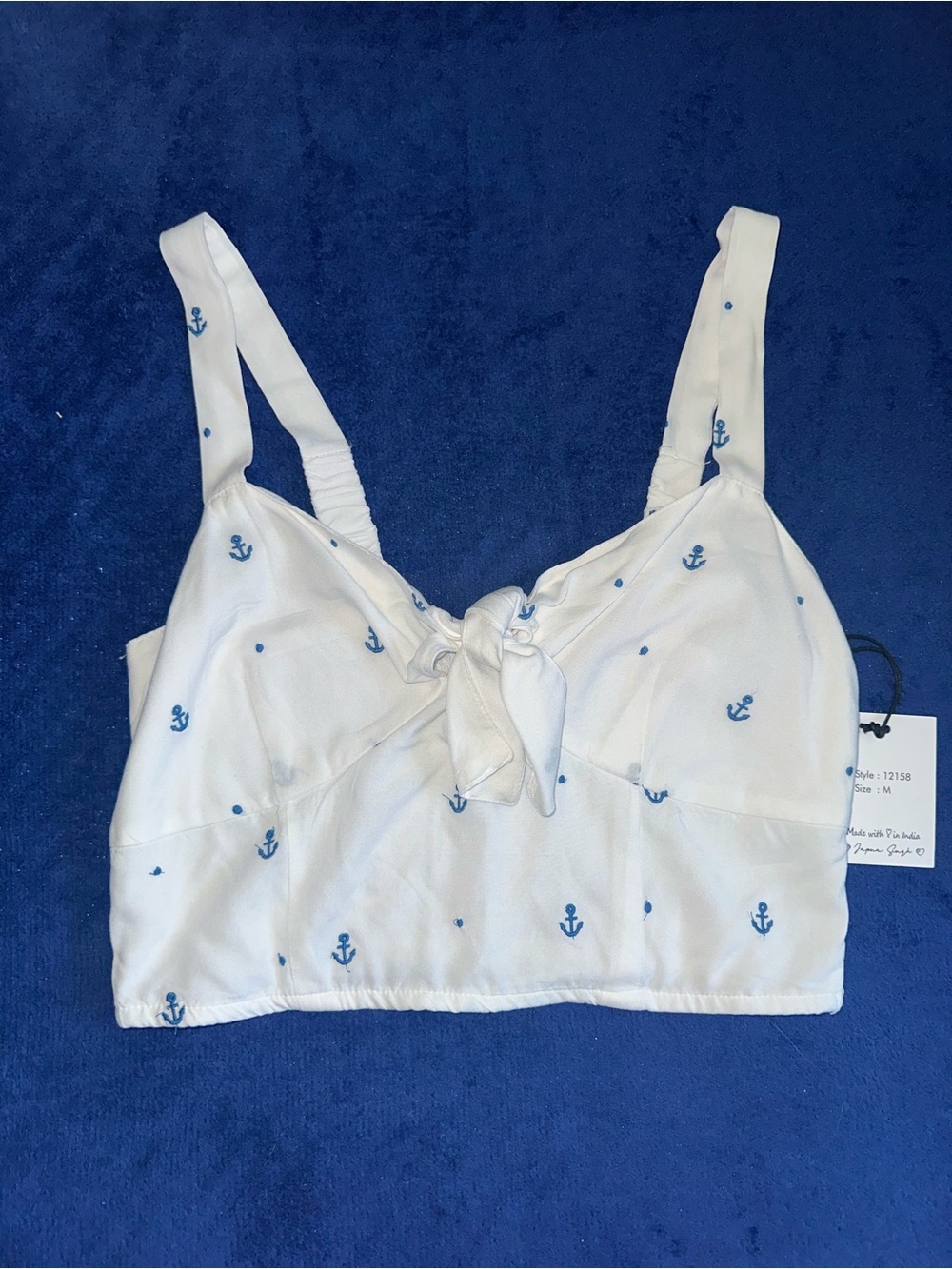 Japna Nautical Anchor Crop Top Medium M White Viscose Tie Front Smocked NWT